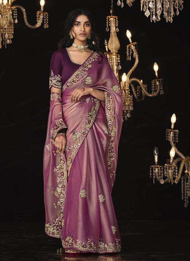 Pure Shimmer Plum Violet Party Wear Embroidery Work Saree